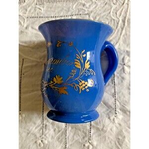 19th C Blue Opaline Bristol Glass Hand Painted Flowers “Remember Me" Mug